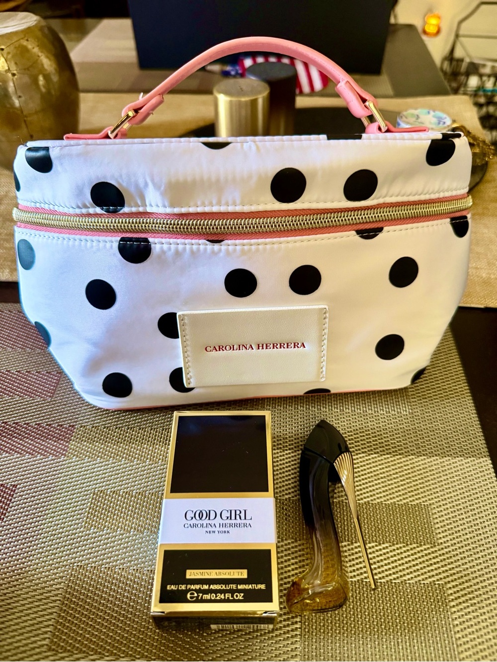 Carolina Herrera White Polka Dot Cosmetic Case with Pink Trim